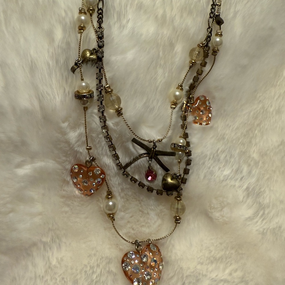 Betsey Johnson Heart Charm Necklace with Crystals and Pearls